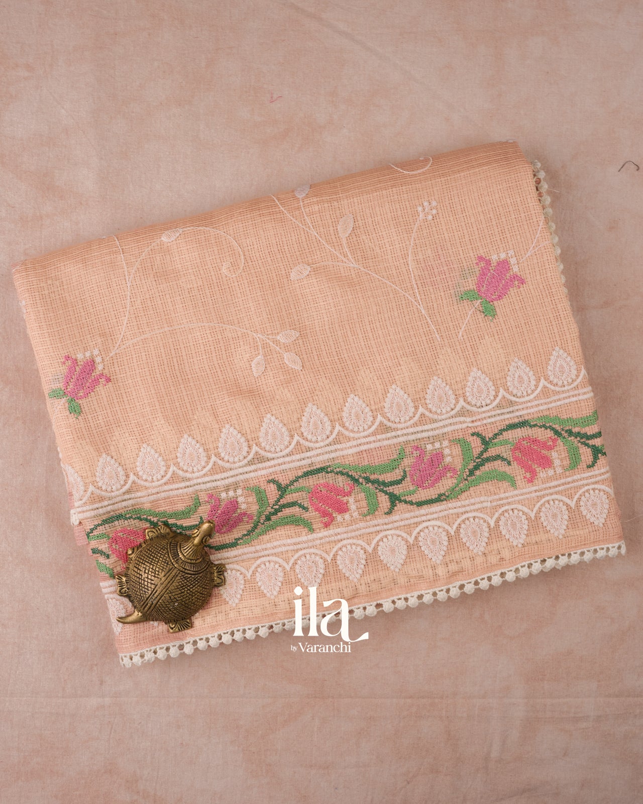 Peach Floral Embroidered Semi Kota Silk Saree