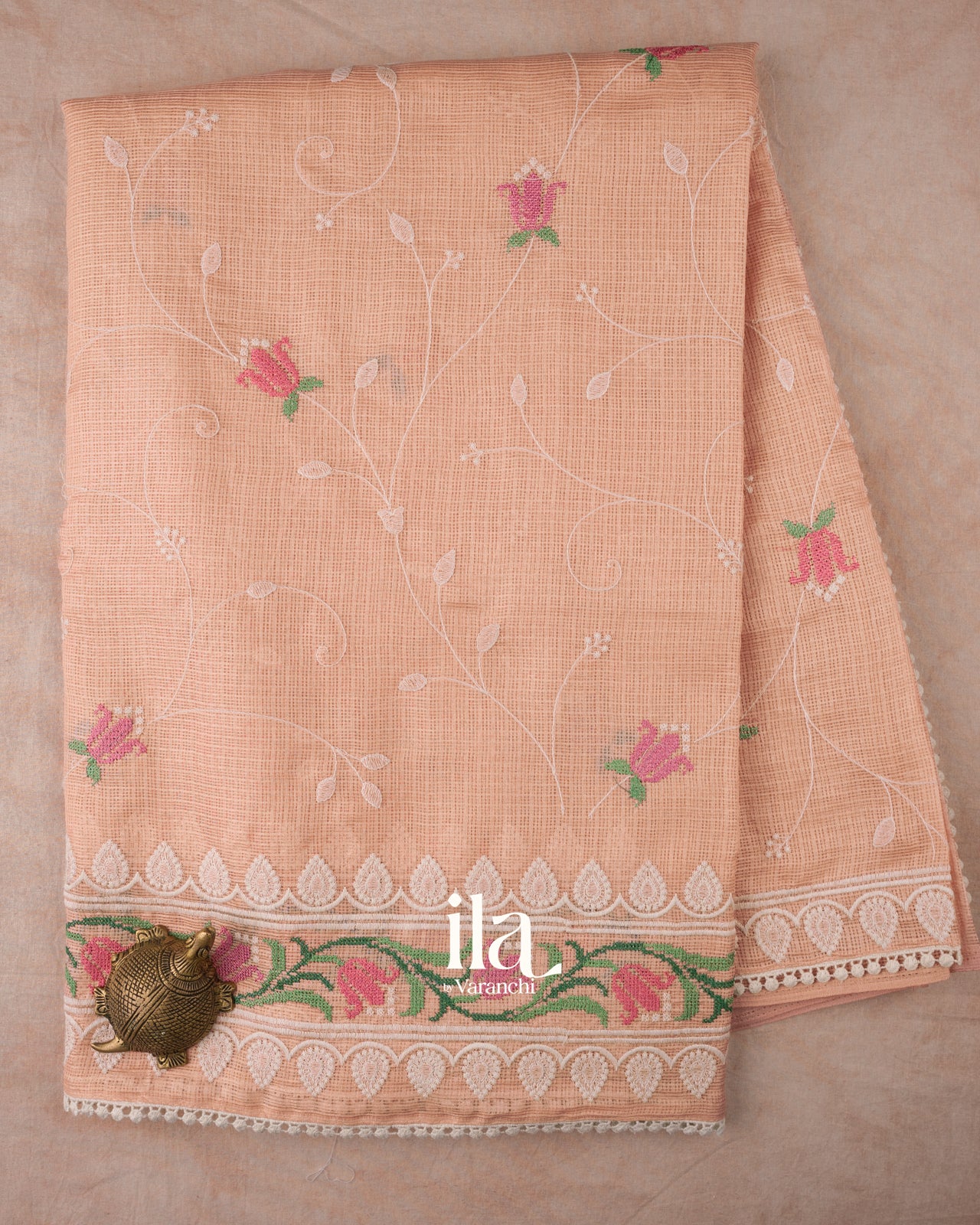 Peach Floral Embroidered Semi Kota Silk Saree