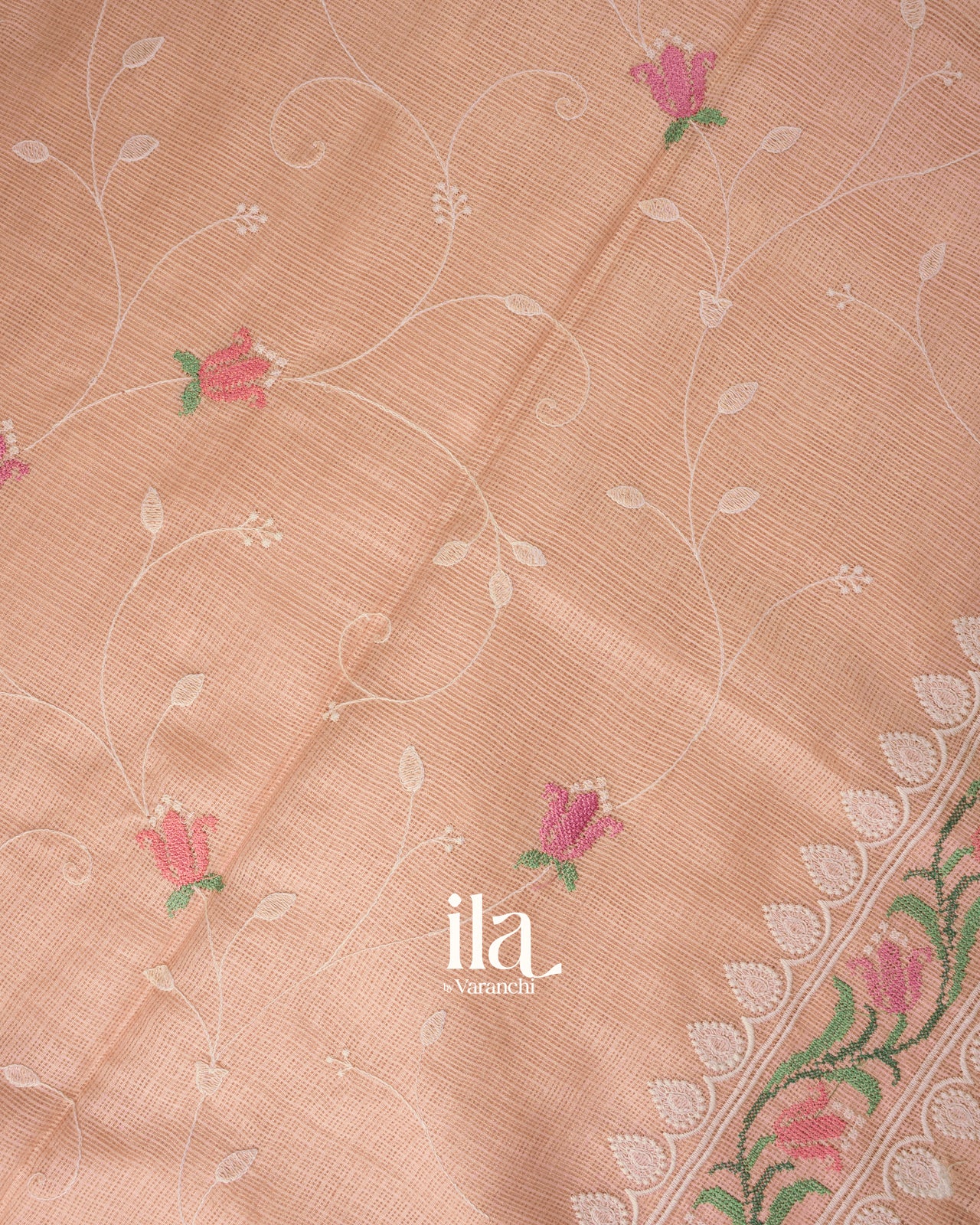 Peach Floral Embroidered Semi Kota Silk Saree