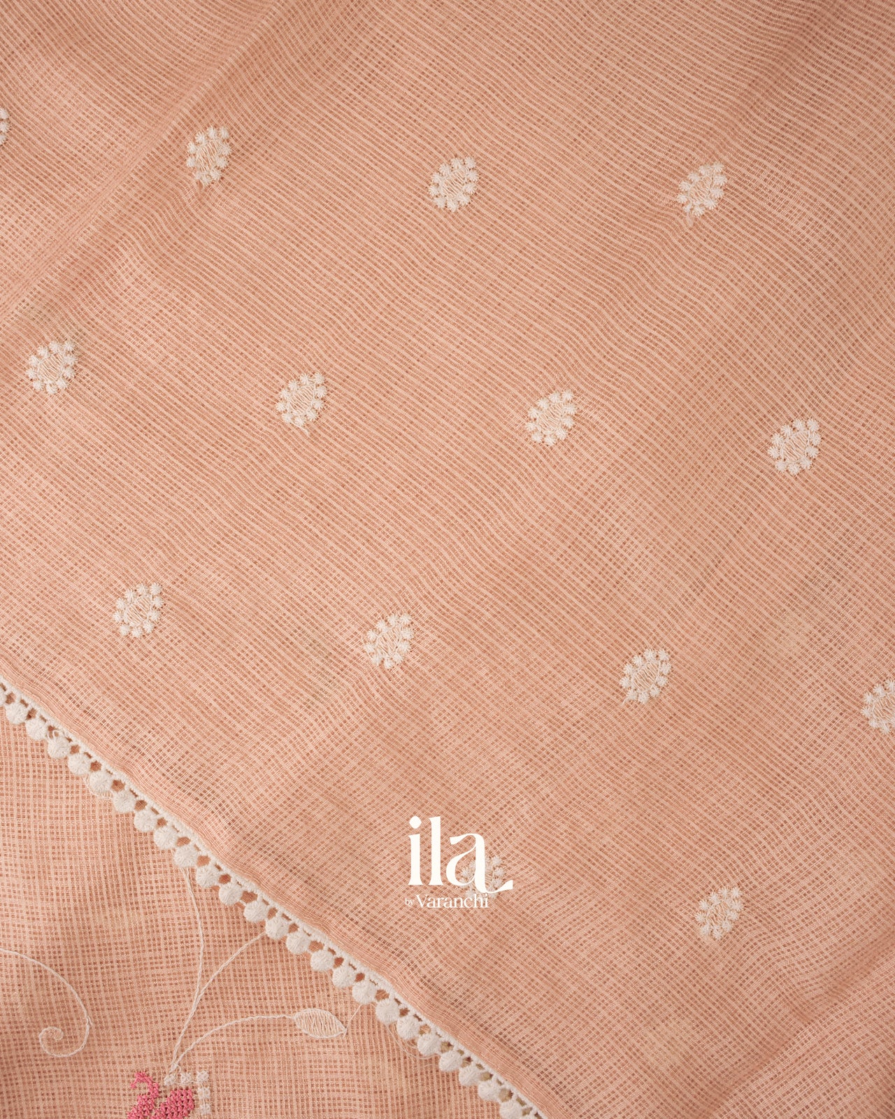 Peach Floral Embroidered Semi Kota Silk Saree