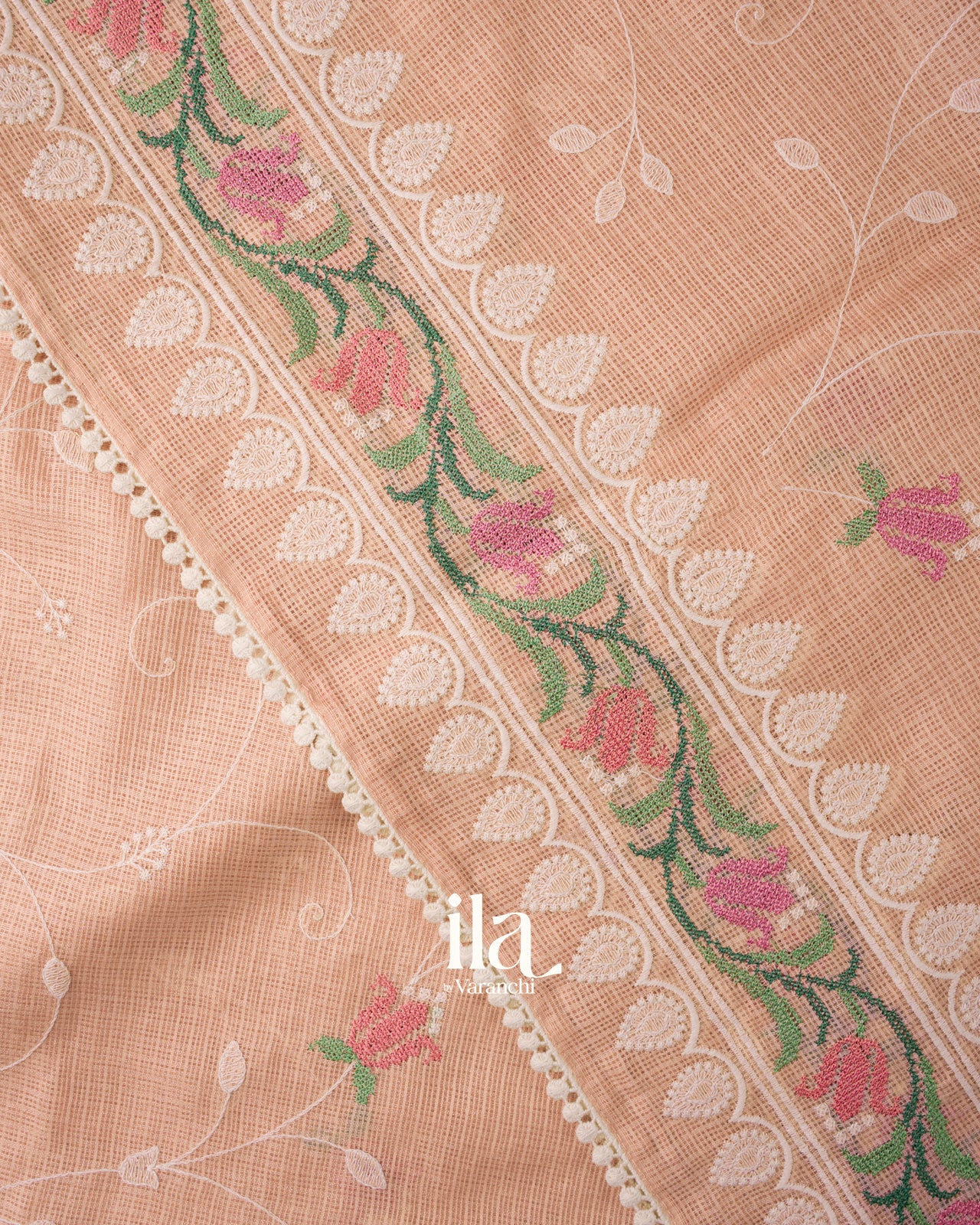 Peach Floral Embroidered Semi Kota Silk Saree