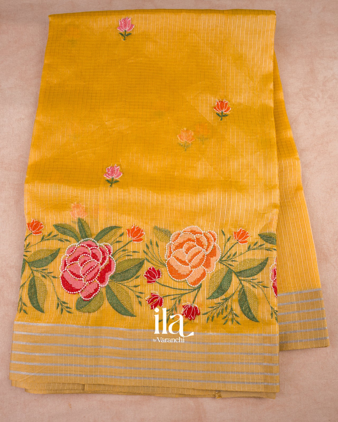 Mustard Yellow Embroidered Semi Kota Silk Saree