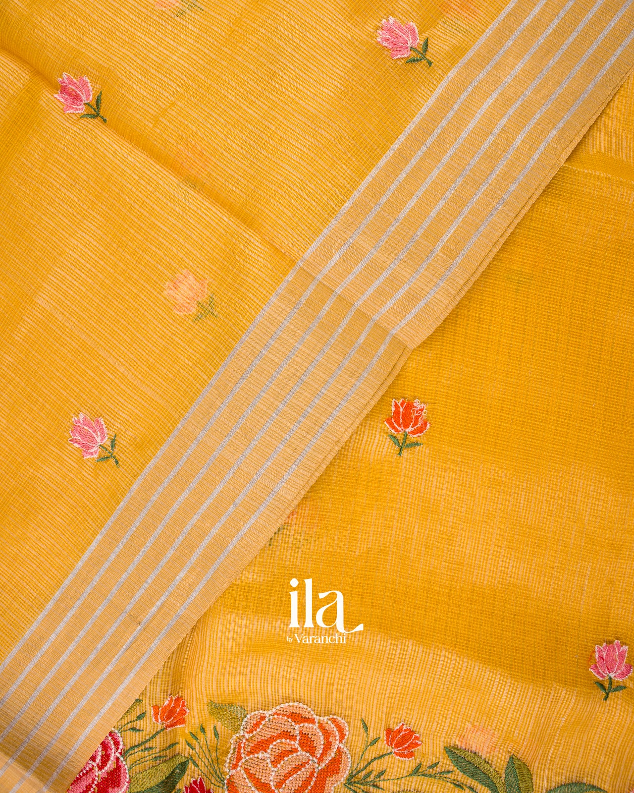 Mustard Yellow Embroidered Semi Kota Silk Saree