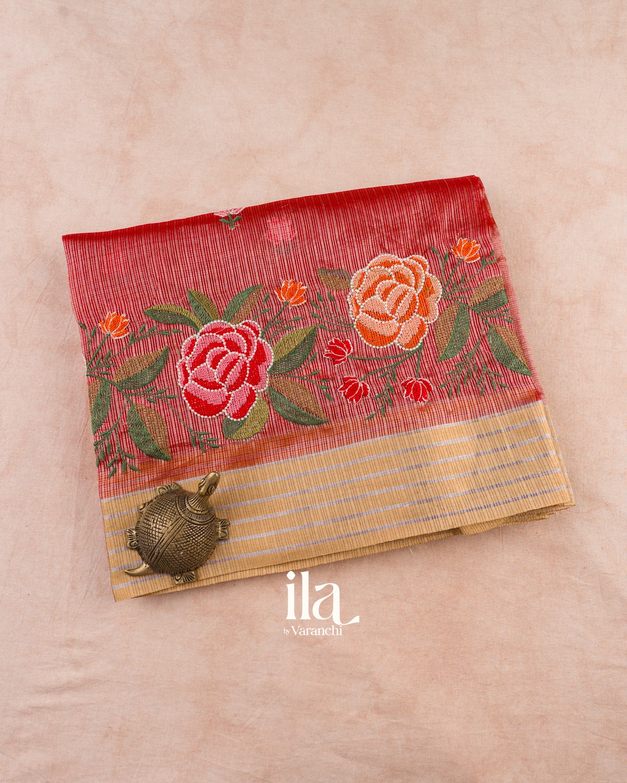 Vermilion Red Embroidered Semi Kota Silk Saree