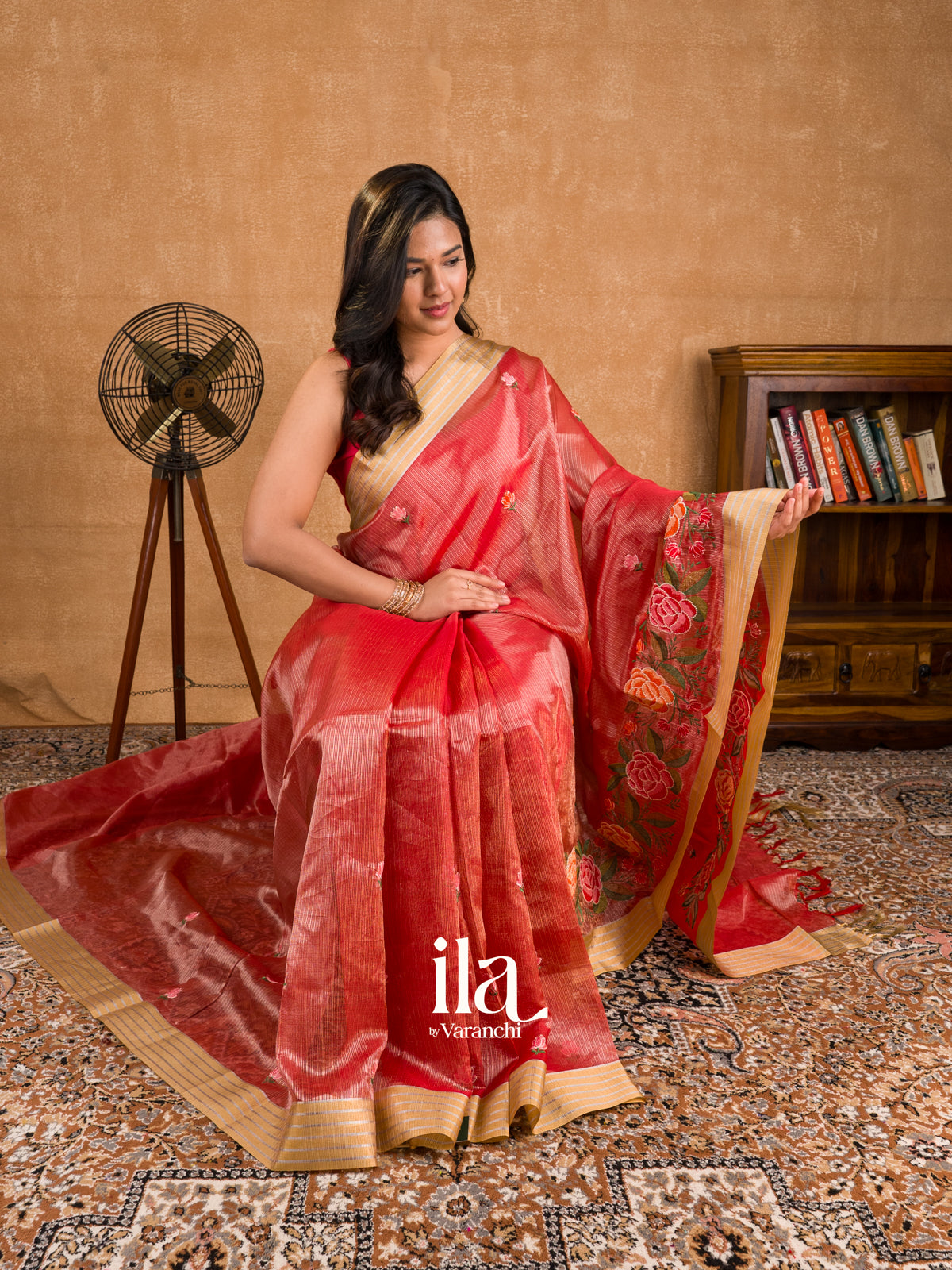 Vermilion Red Embroidered Semi Kota Silk Saree