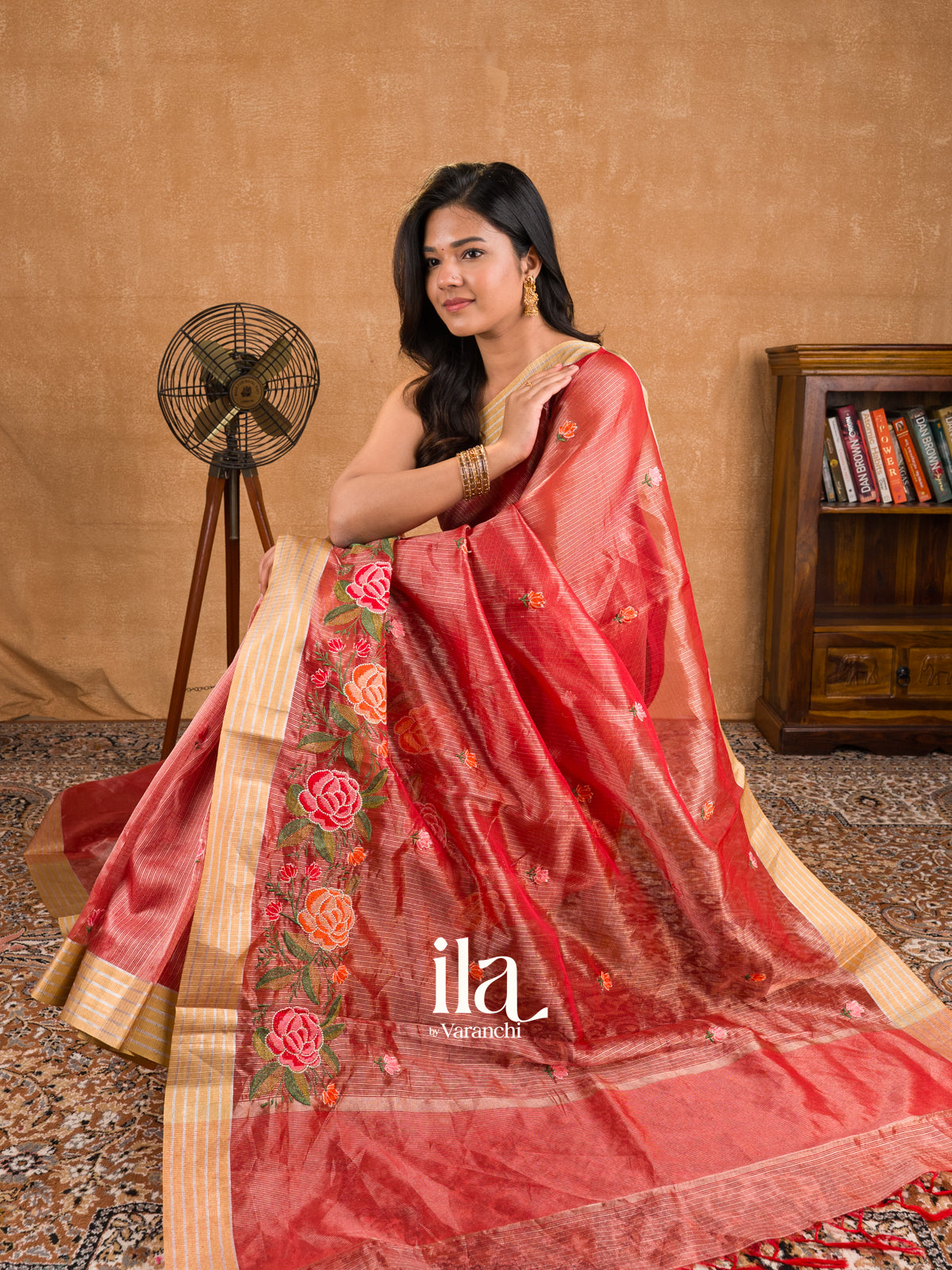 Vermilion Red Embroidered Semi Kota Silk Saree