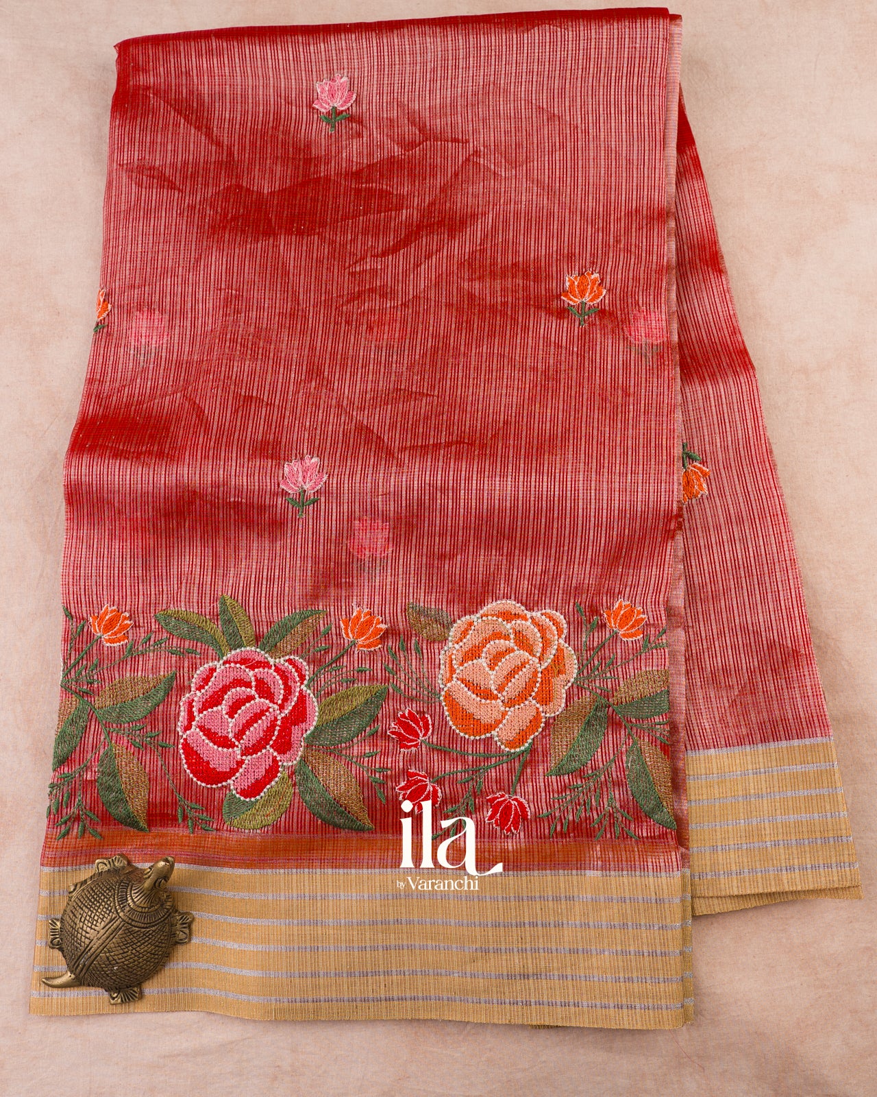 Vermilion Red Embroidered Semi Kota Silk Saree