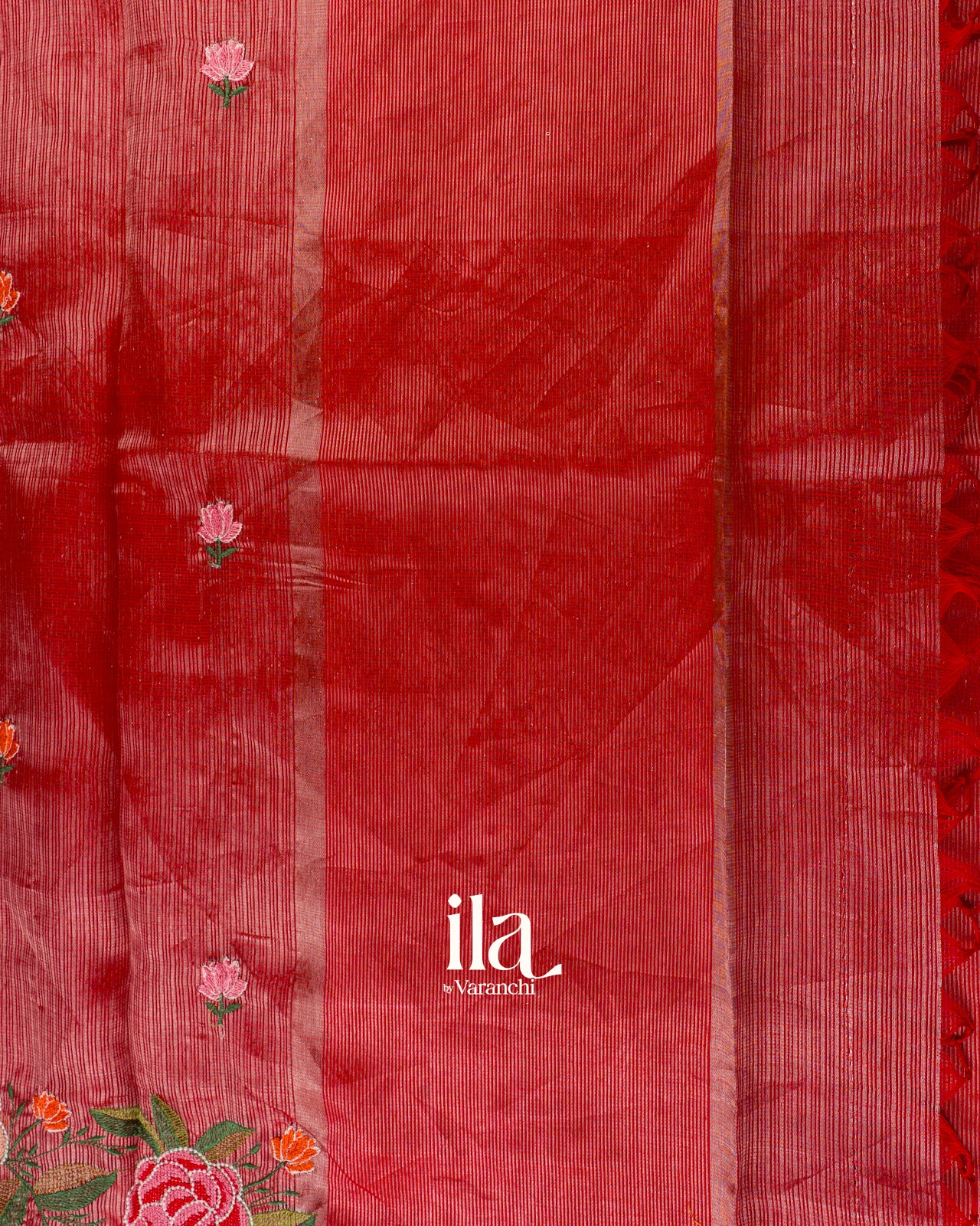 Vermilion Red Embroidered Semi Kota Silk Saree