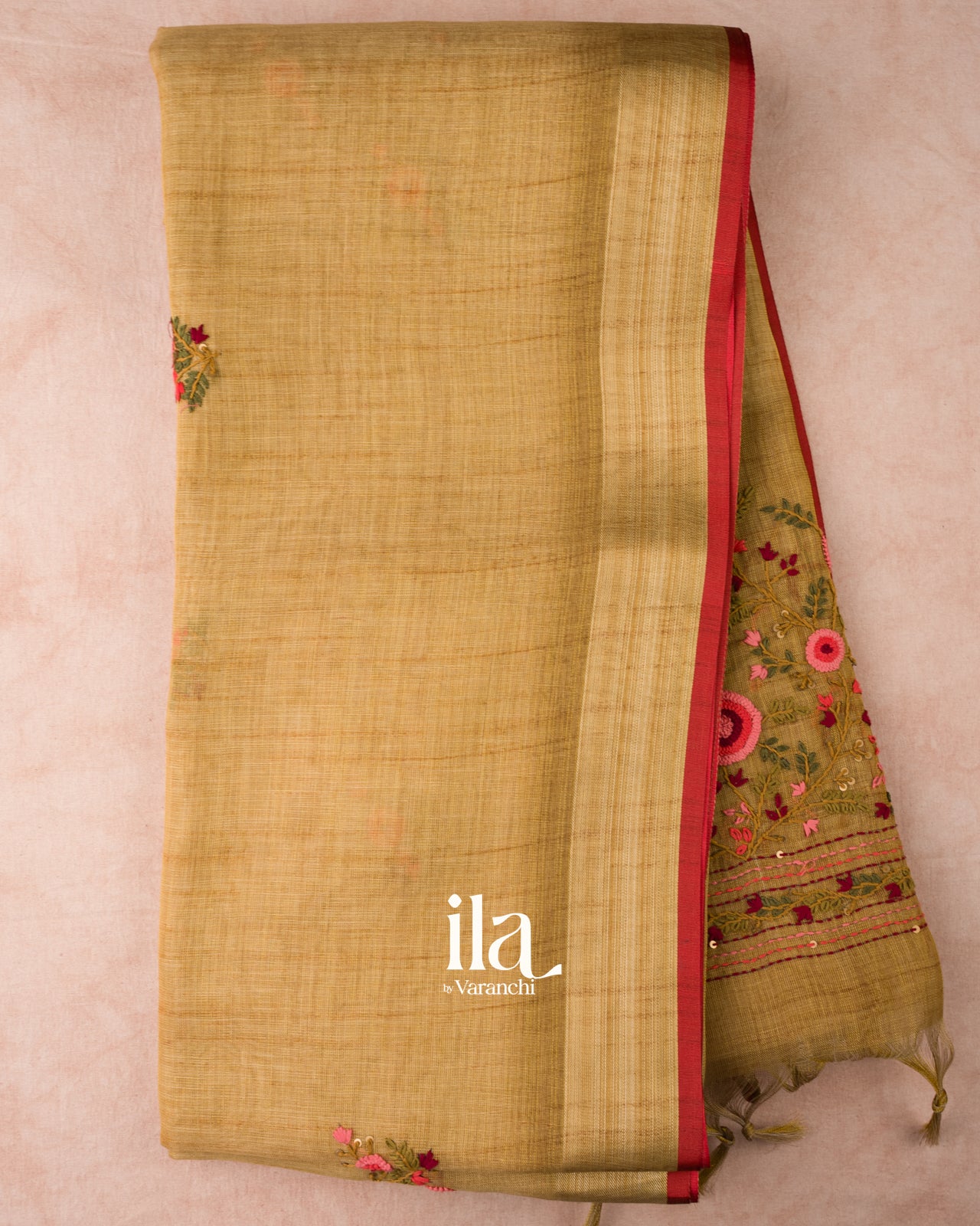 Mustard Yellow  French Knot Embroidered Linen Tissue Saree