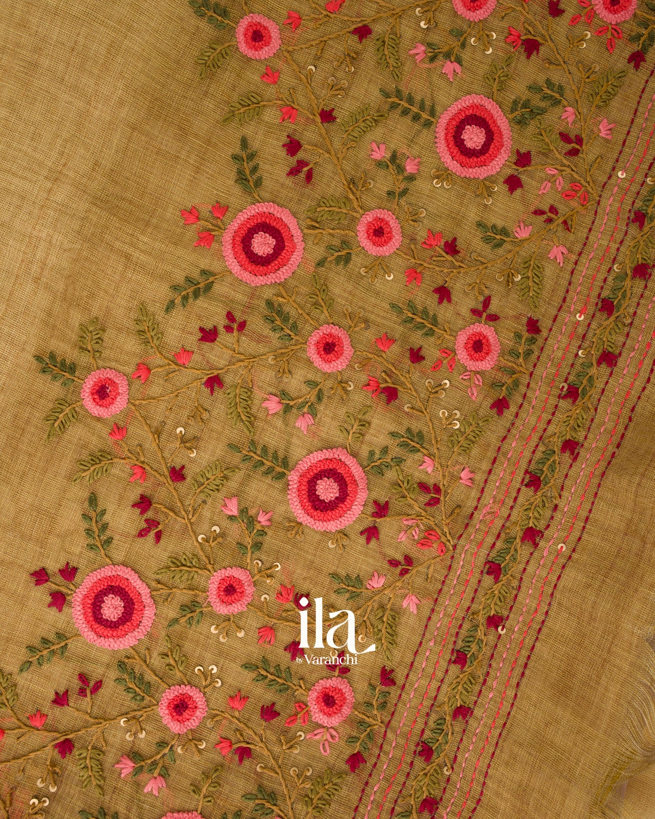 Mustard Yellow  French Knot Embroidered Linen Tissue Saree