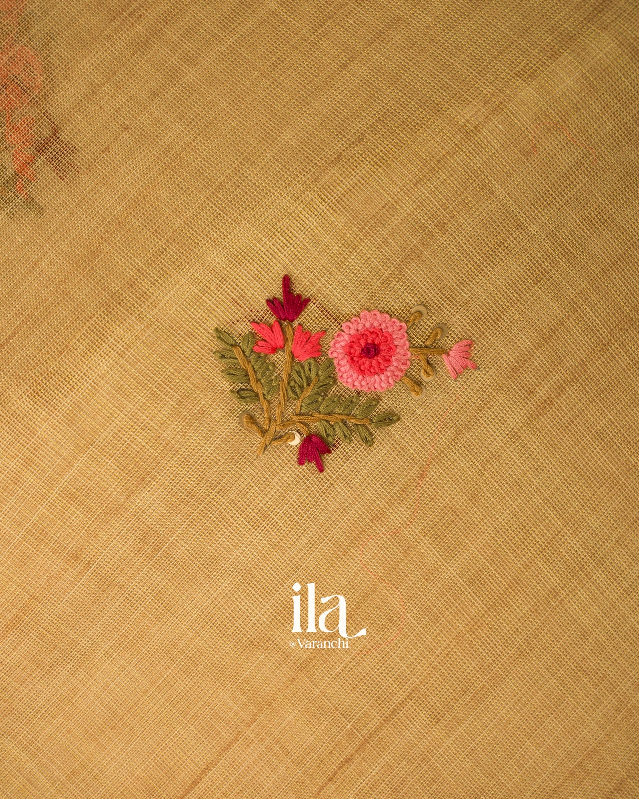 Mustard Yellow  French Knot Embroidered Linen Tissue Saree