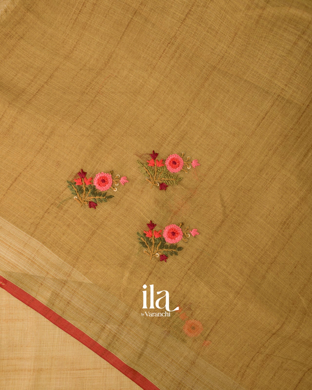 Mustard Yellow  French Knot Embroidered Linen Tissue Saree