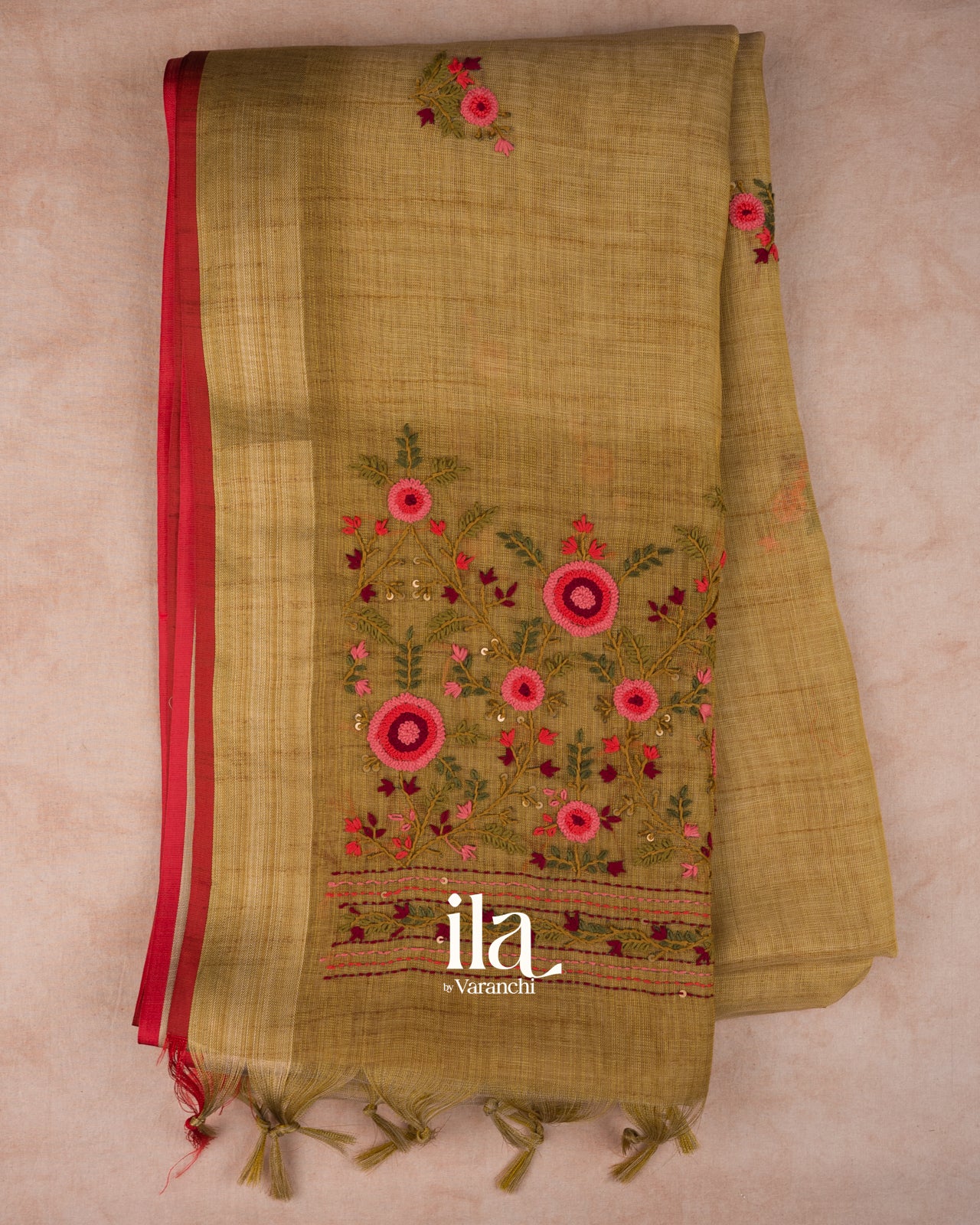 Mustard Yellow  French Knot Embroidered Linen Tissue Saree