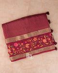 Brick Red Checks and Floral Emboidered Semi Silk Saree
