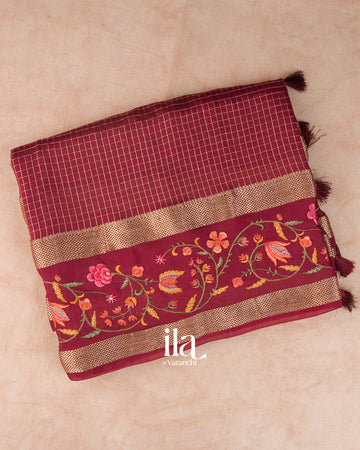 Brick Red Checks and Floral Emboidered Semi Silk Saree