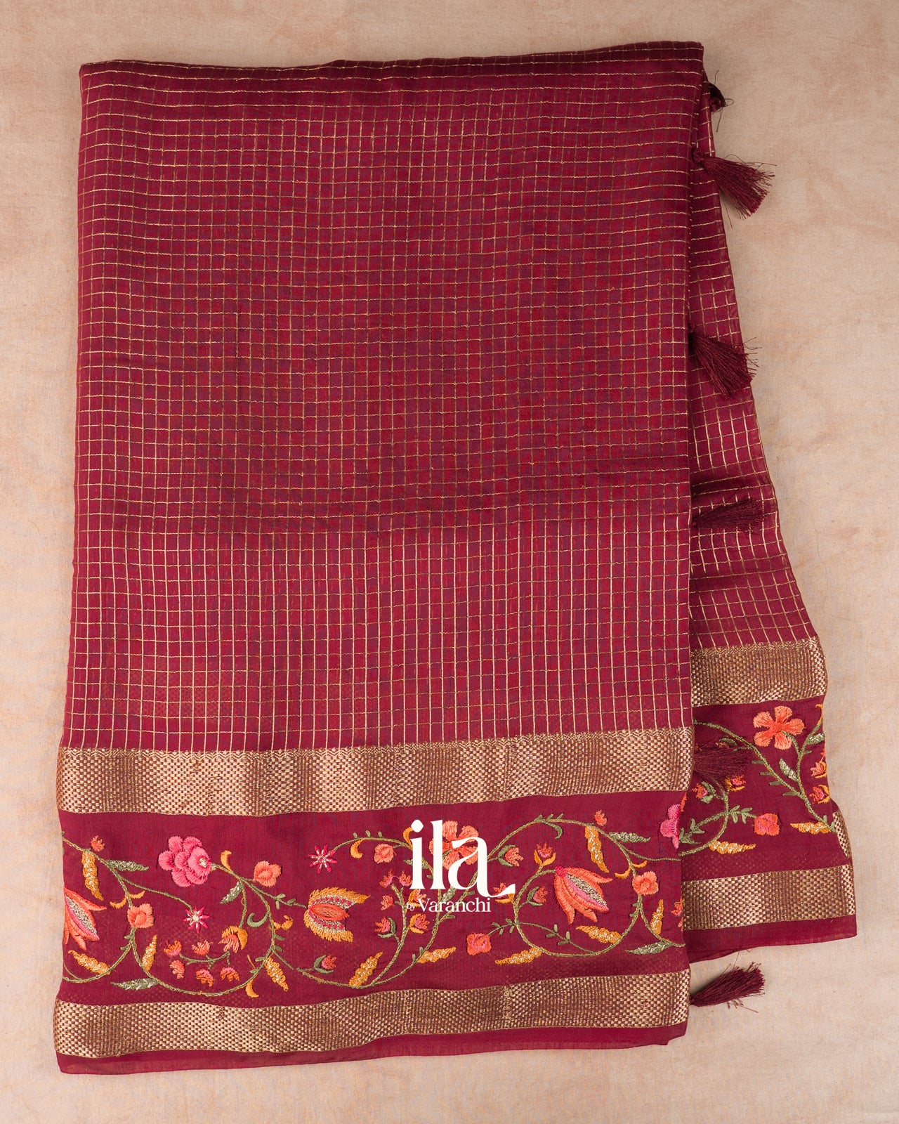 Brick Red Checks and Floral Emboidered Semi Silk Saree