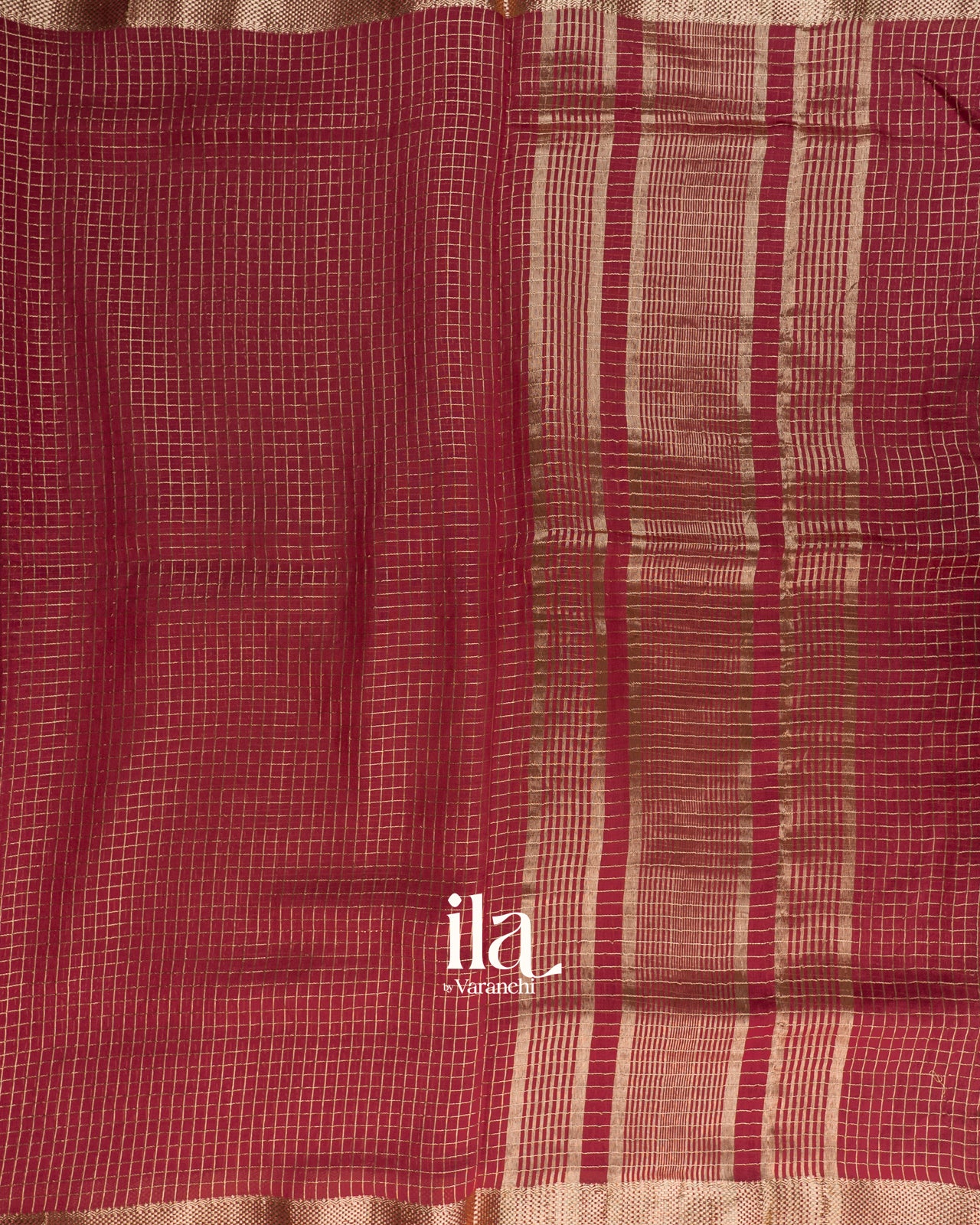 Brick Red Checks and Floral Emboidered Semi Silk Saree