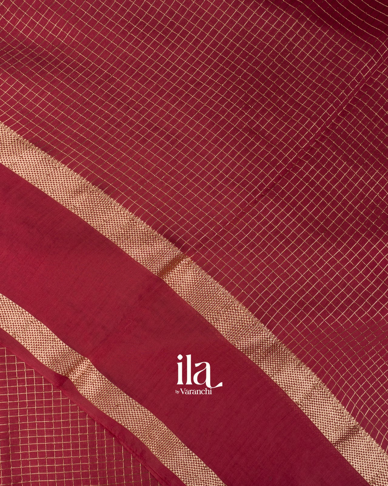 Brick Red Checks and Floral Emboidered Semi Silk Saree