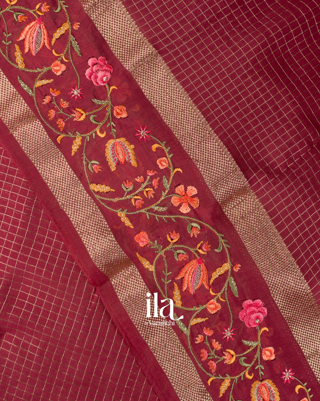Brick Red Checks and Floral Emboidered Semi Silk Saree