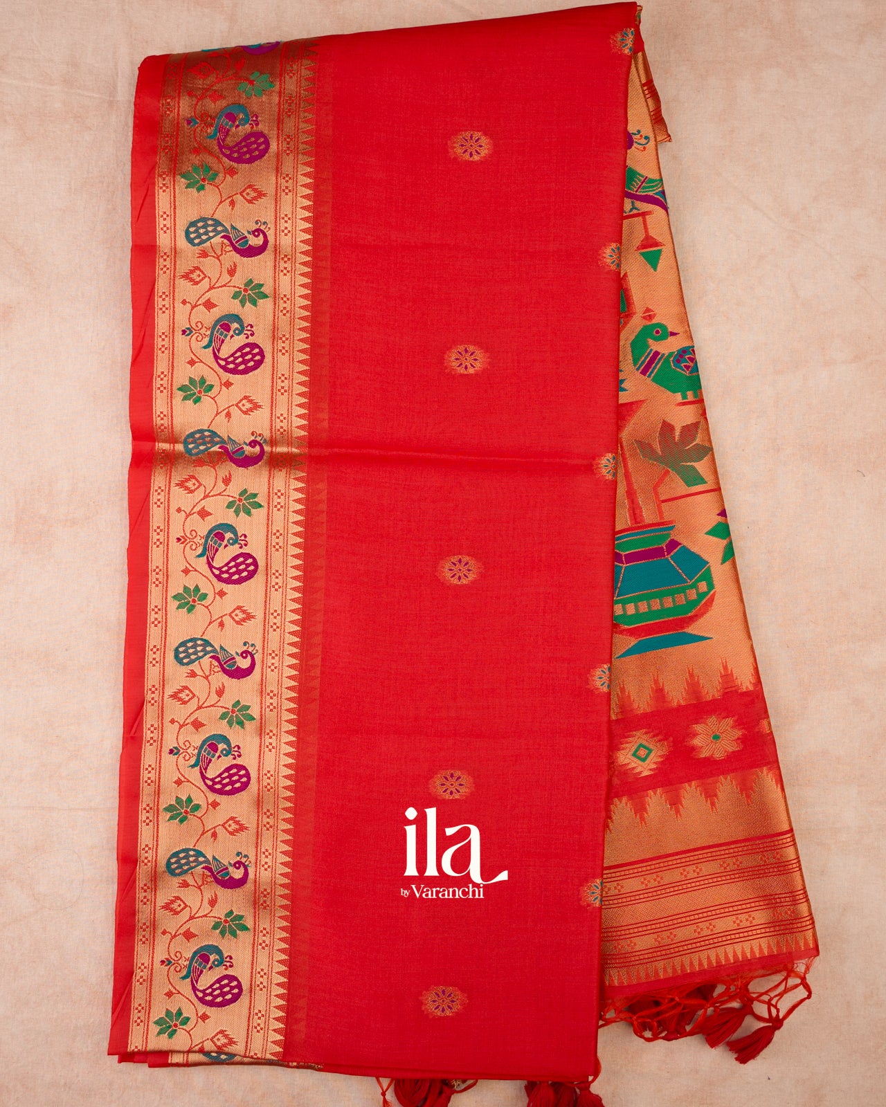 Orange  Paithani Meenakari Semi Silk Saree