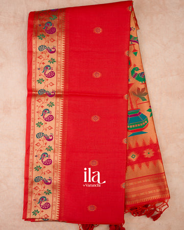 Orange  Paithani Meenakari Semi Silk Saree