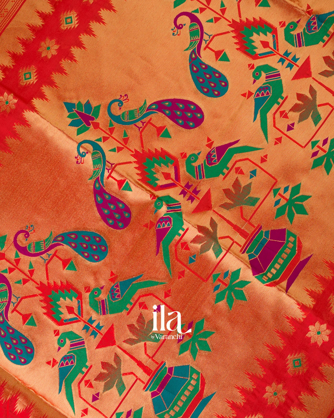 Orange  Paithani Meenakari Semi Silk Saree
