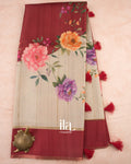 Beige With Brick Red Green Digital Printed Semi Tussar Silk Saree  