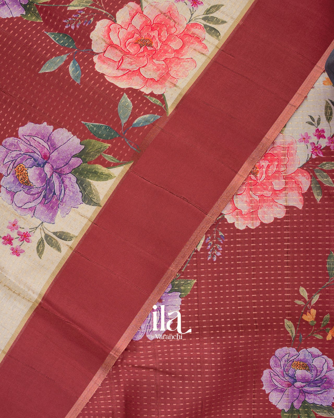 Beige With Brick Red Green Digital Printed Semi Tussar Silk Saree  