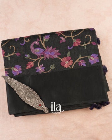 Black Embroidered Semi Tussar Silk Saree