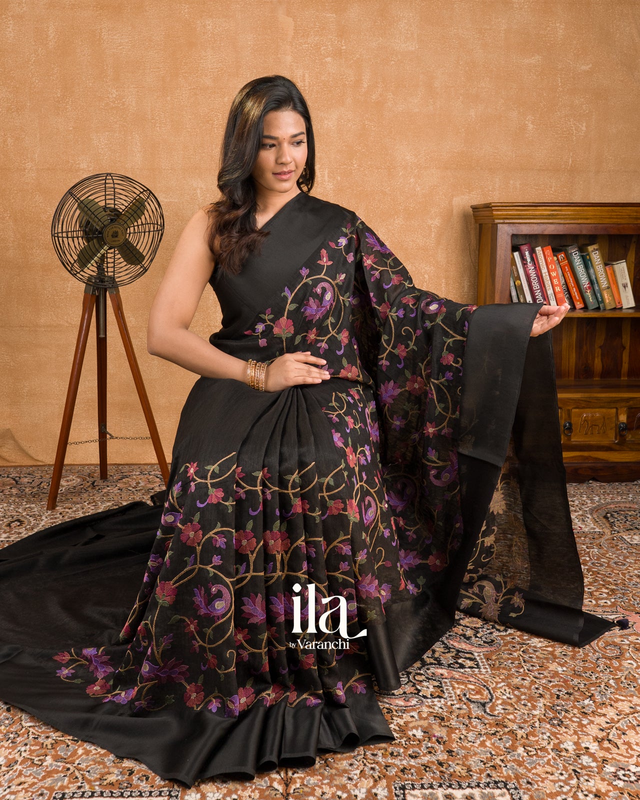 Black Embroidered Semi Tussar Silk Saree