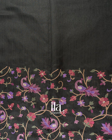 Black Embroidered Semi Tussar Silk Saree