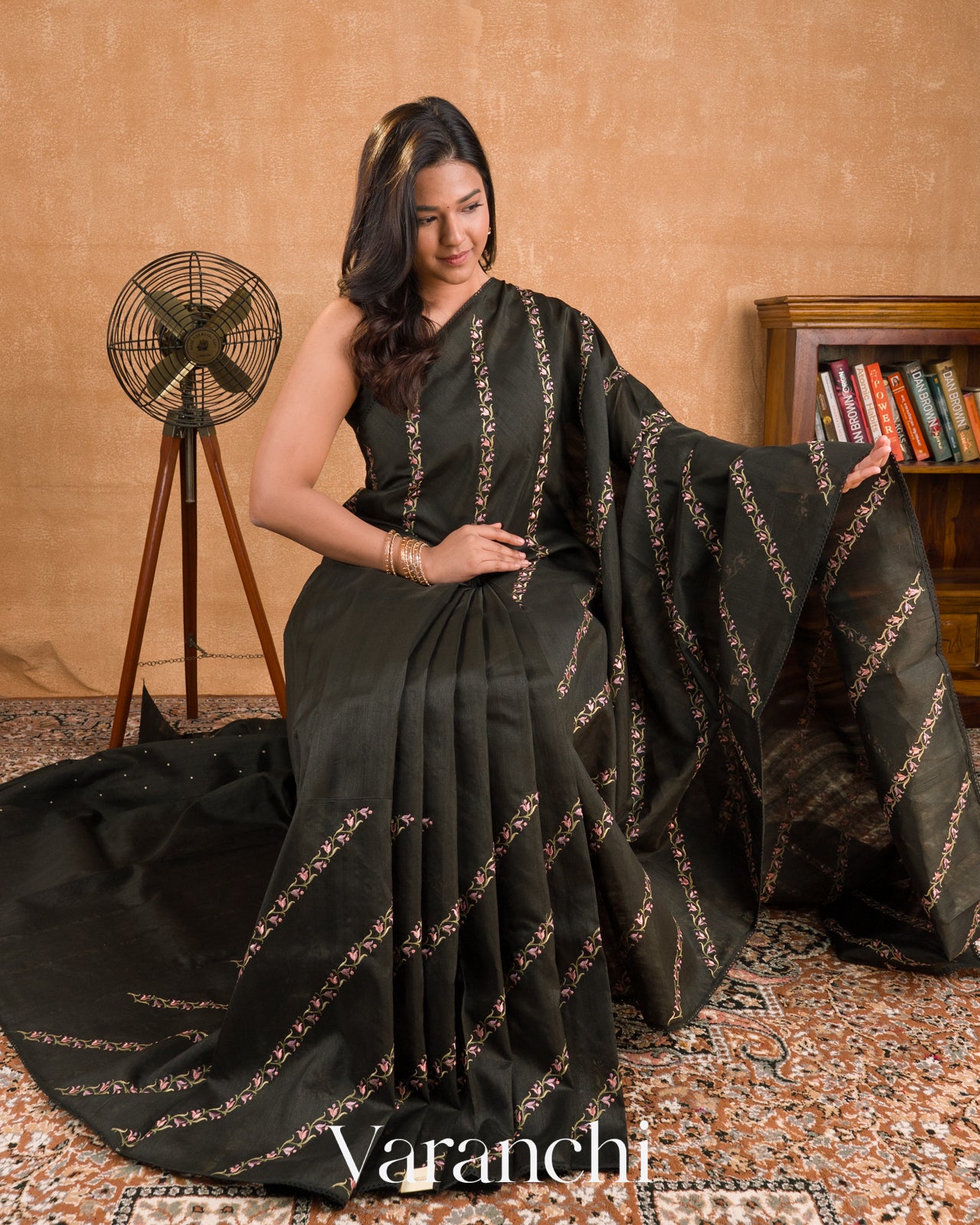 Charcoal Black Embroidered Lehariya Semi Tussar Silk Saree