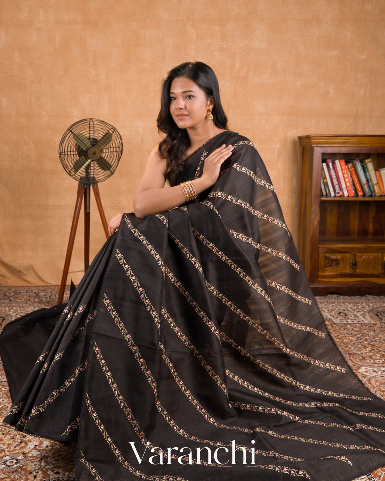 Charcoal Black Embroidered Lehariya Semi Tussar Silk Saree