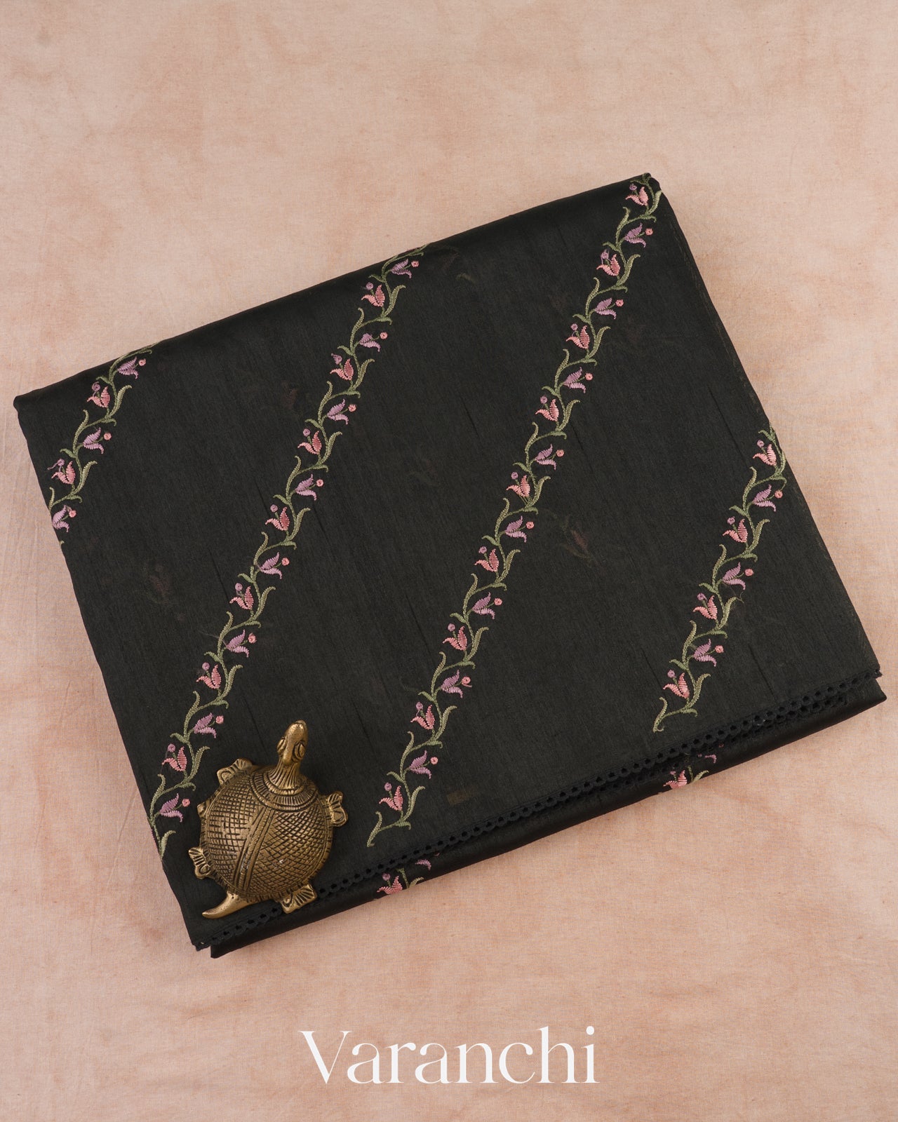 Charcoal Black Embroidered Lehariya Semi Tussar Silk Saree