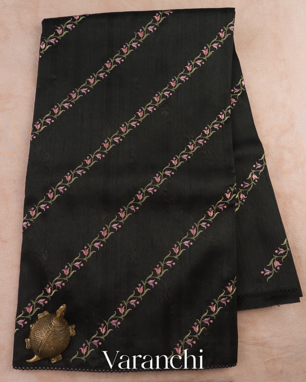 Charcoal Black Embroidered Lehariya Semi Tussar Silk Saree