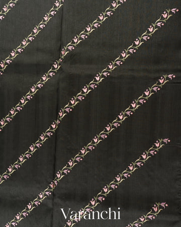 Charcoal Black Embroidered Lehariya Semi Tussar Silk Saree