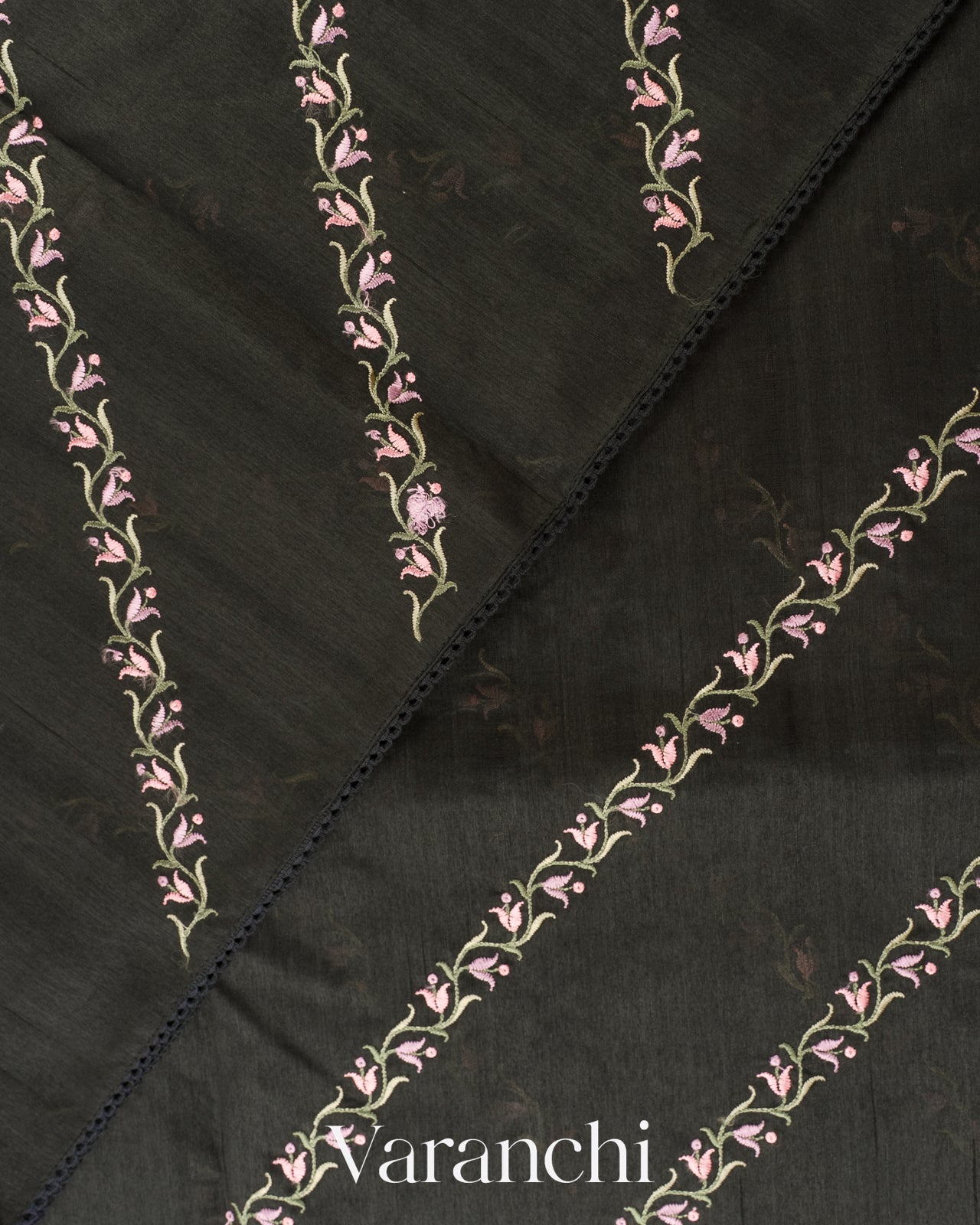 Charcoal Black Embroidered Lehariya Semi Tussar Silk Saree