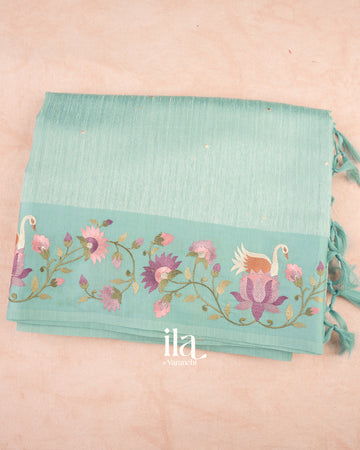 Ice Blue Embroidered Semi Tussar Silk Saree