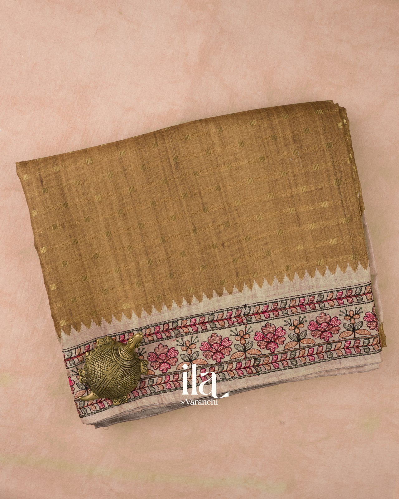  Bronze Brown Floral Embroidered Semi Tussar Silk Saree 
