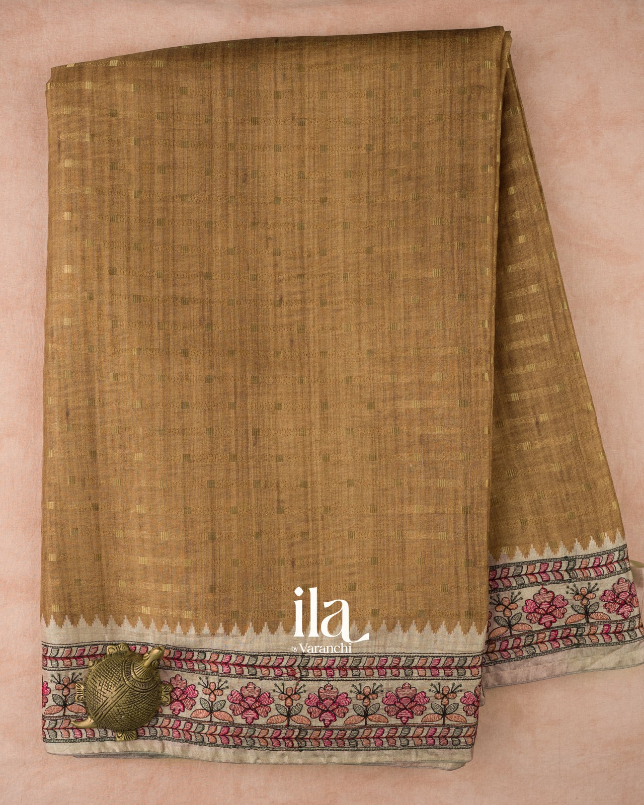  Bronze Brown Floral Embroidered Semi Tussar Silk Saree 