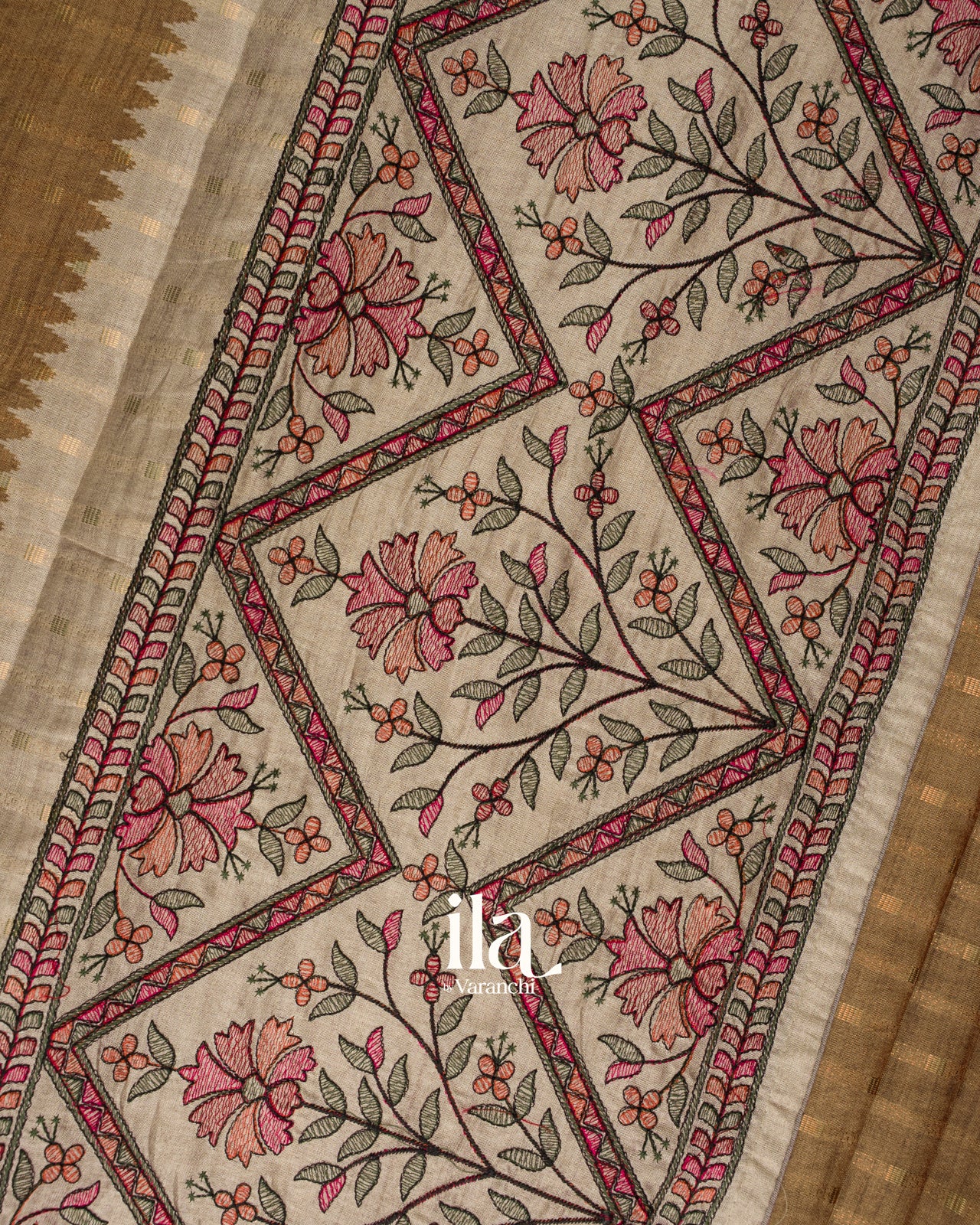  Bronze Brown Floral Embroidered Semi Tussar Silk Saree 