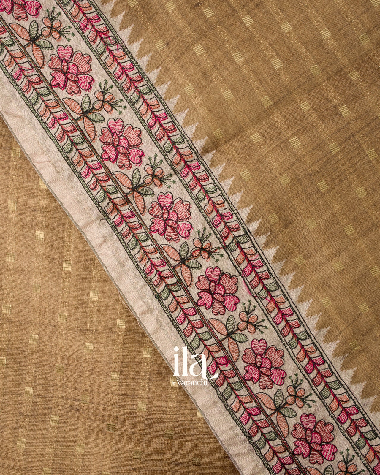  Bronze Brown Floral Embroidered Semi Tussar Silk Saree 