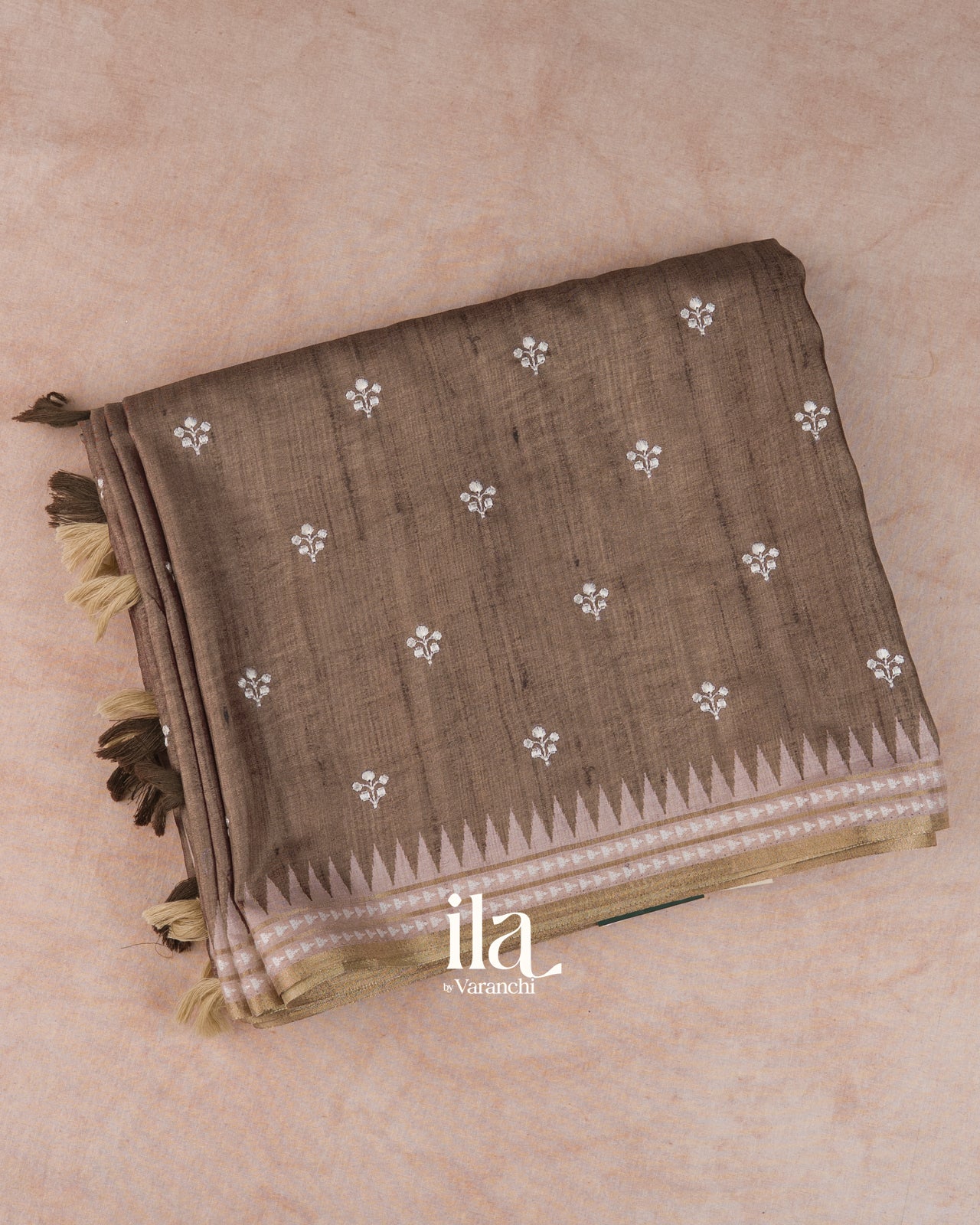 Taupe Brown Floral Applique Semi Tussar Silk Saree 