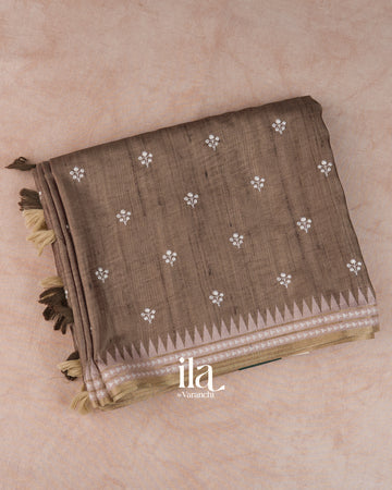 Taupe Brown Floral Applique Semi Tussar Silk Saree 