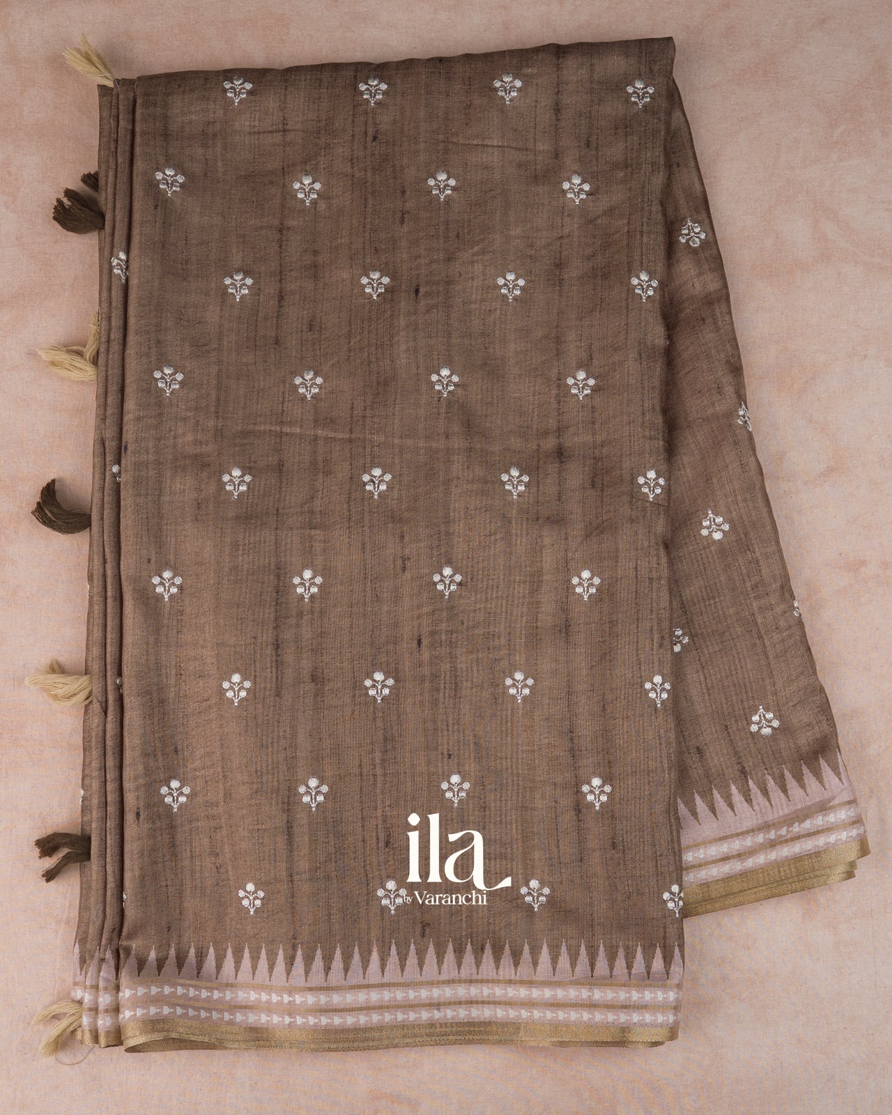 Taupe Brown Floral Applique Semi Tussar Silk Saree 