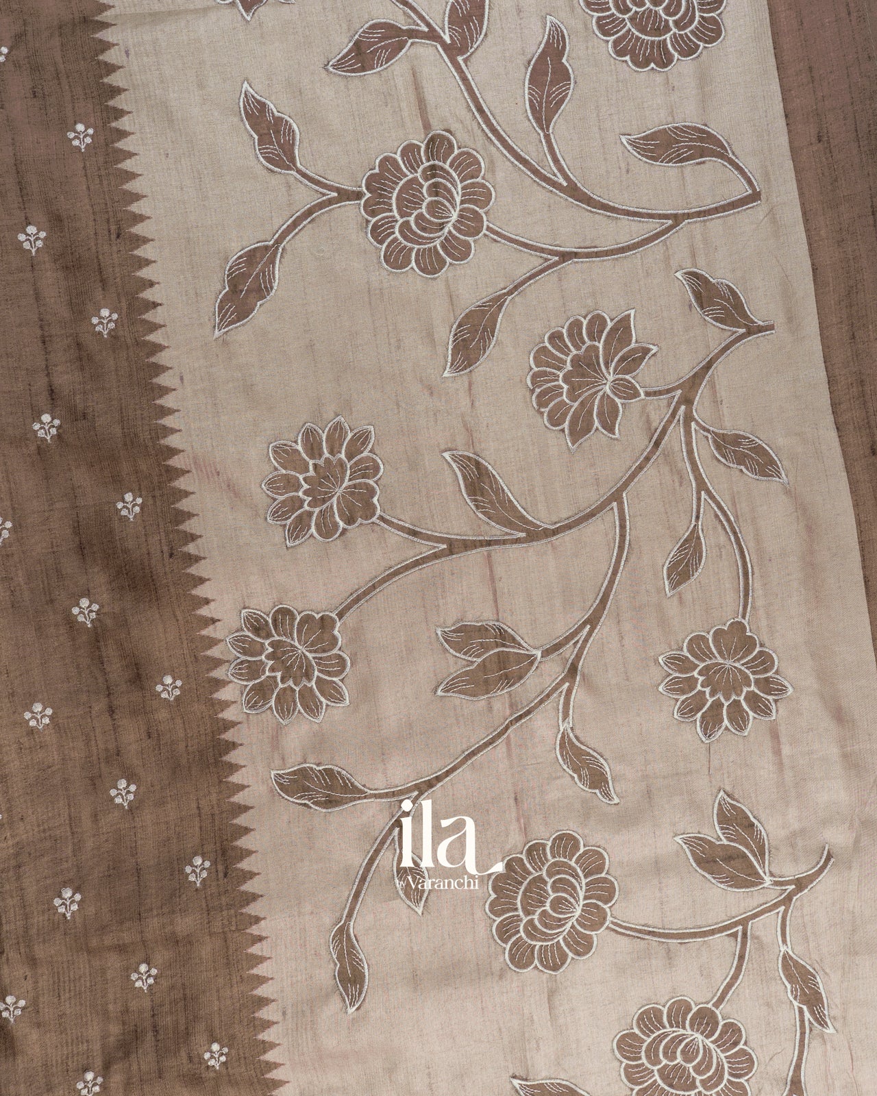 Taupe Brown Floral Applique Semi Tussar Silk Saree 