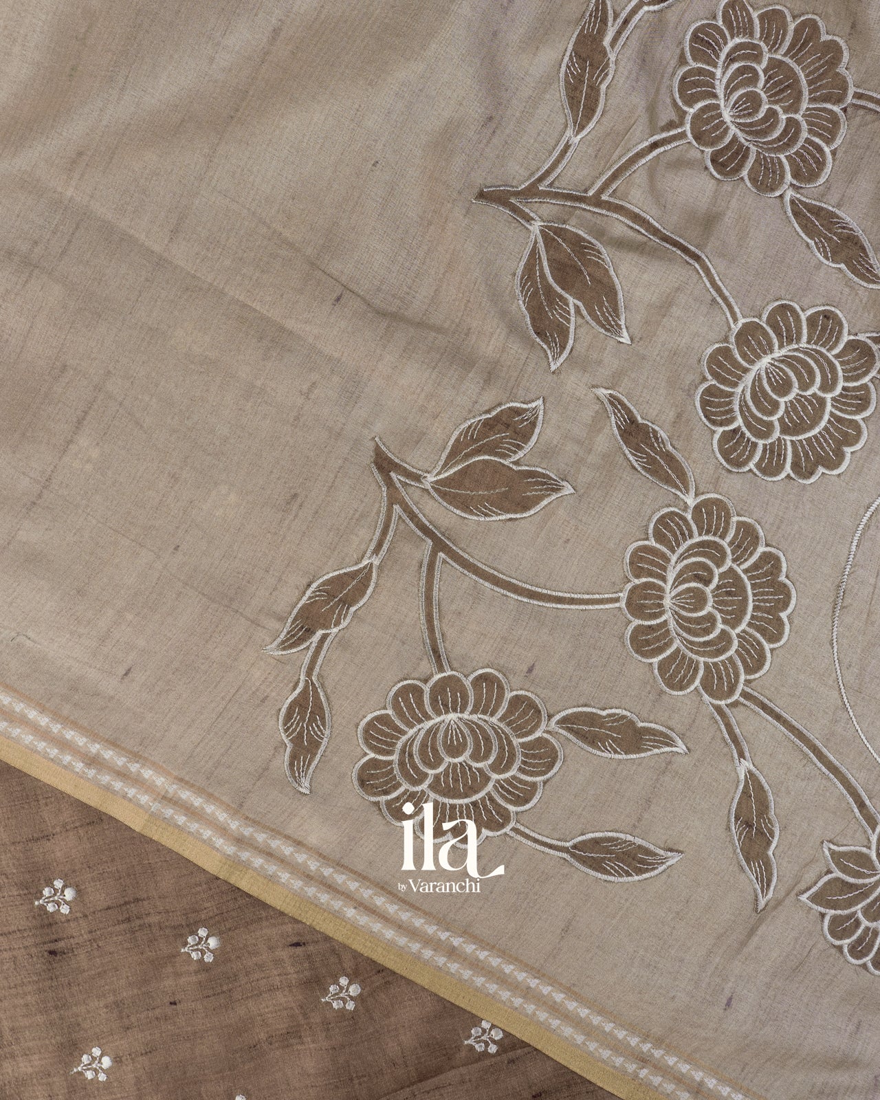 Taupe Brown Floral Applique Semi Tussar Silk Saree 