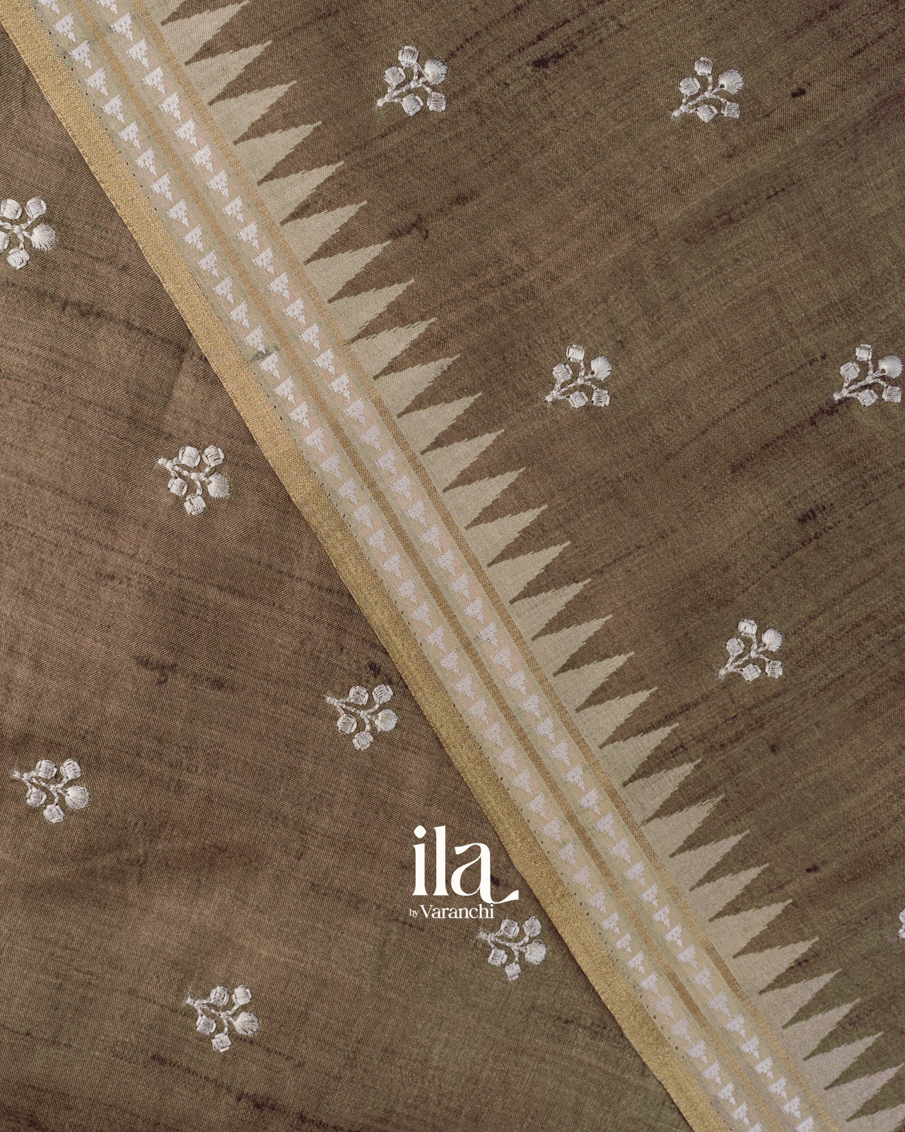 Taupe Brown Floral Applique Semi Tussar Silk Saree 