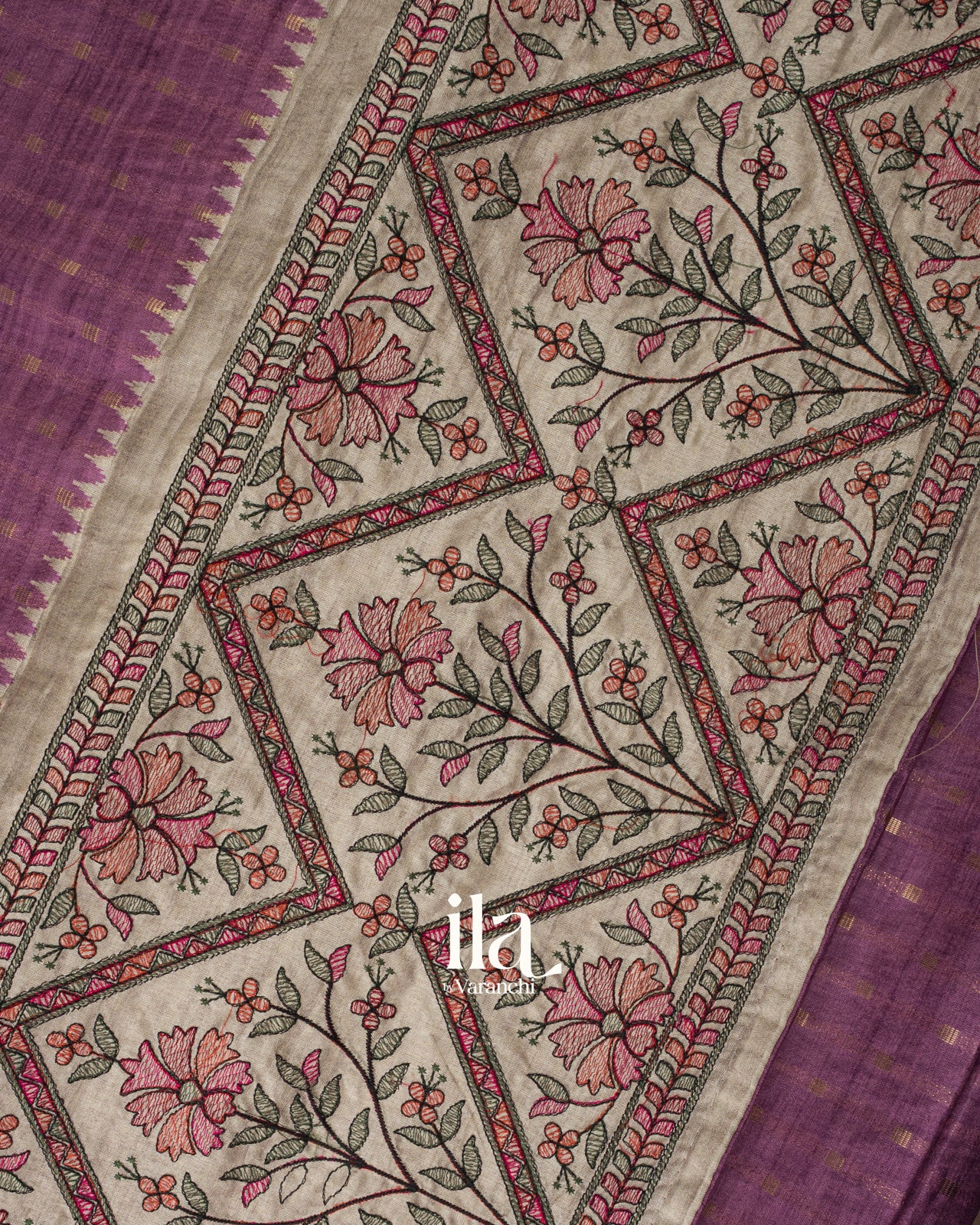 Light Lavender Floral Embroidered Semi Tussar Silk Saree 