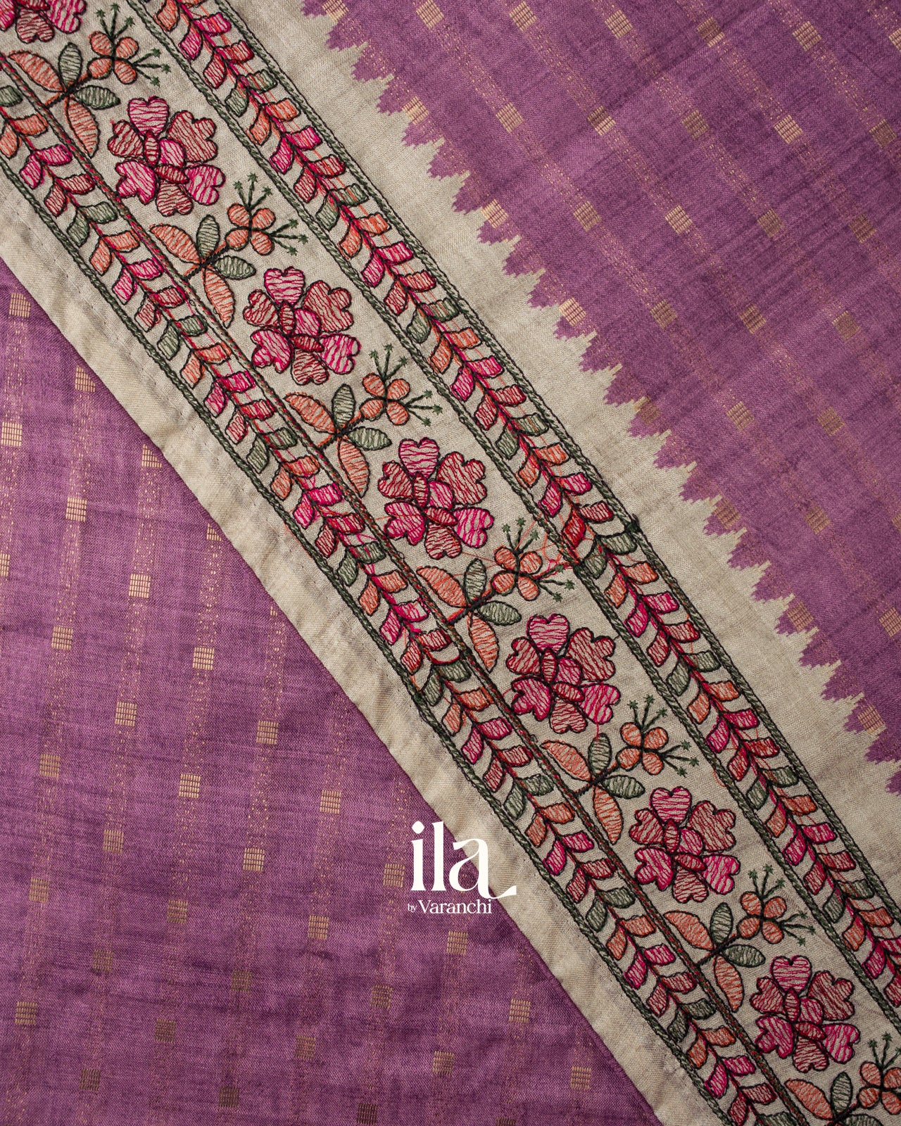 Light Lavender Floral Embroidered Semi Tussar Silk Saree 